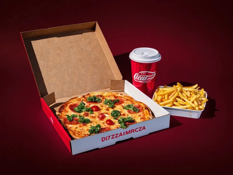A pizza, fries and a drink set out together