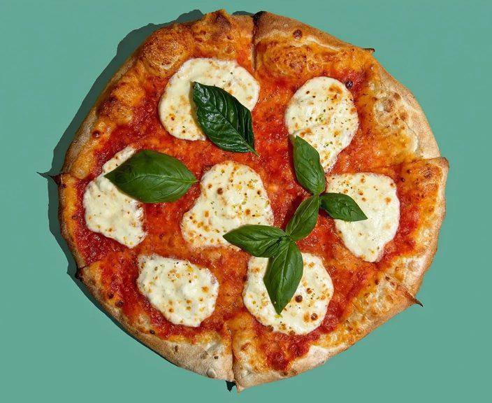 A classic margherita pizza shot straight on