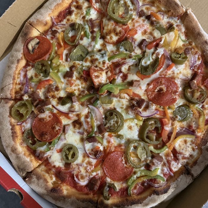 Pepperoni, jalapeño and mixed-pepper pizza